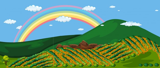 Vettore bella fattoria montagna e arcobaleno