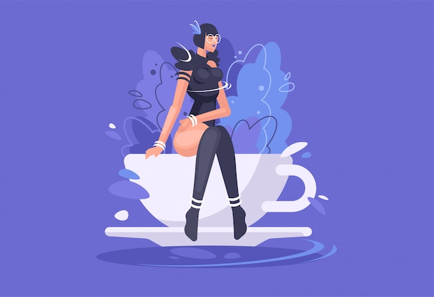 Vector beautiful fashion model sitting on a huge tea cup. concept illustration.