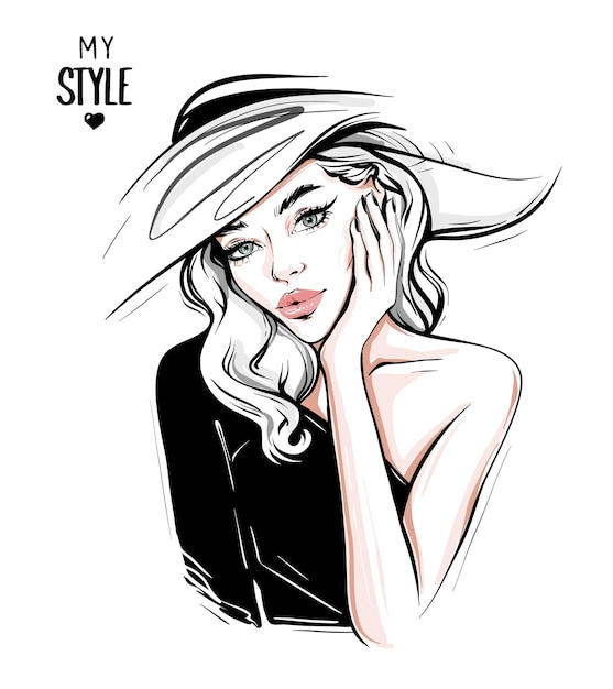 Vector beautiful fashion woman in hat vector illustration