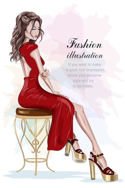 Vector beautiful fashion woman in red dress sitting on vintage chair.