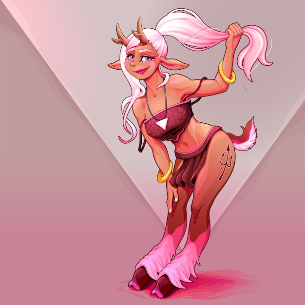 Vector beautiful faun girl is holding her ponytail