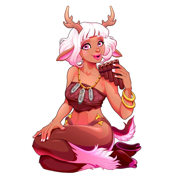 Vector beautiful faun girl is playing the pan flute