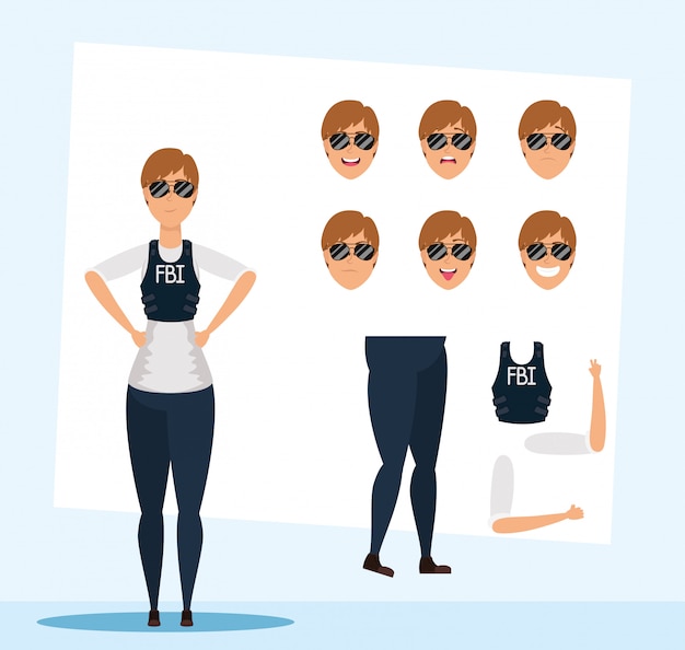 Vector beautiful fbi woman agent with set faces character vector illustration design