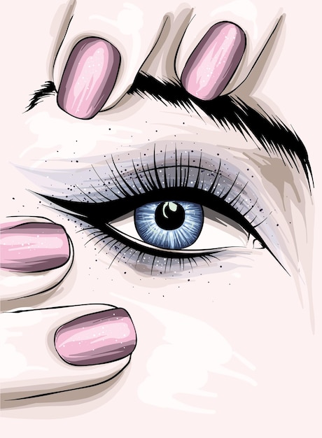 Vector beautiful female eye makeup and manicure