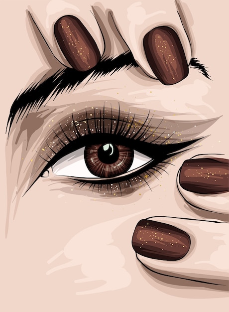 Vector beautiful female eye with makeup and nails with varnish.