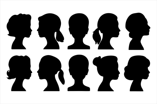 Vector beautiful female faces profile set silhouette vector file