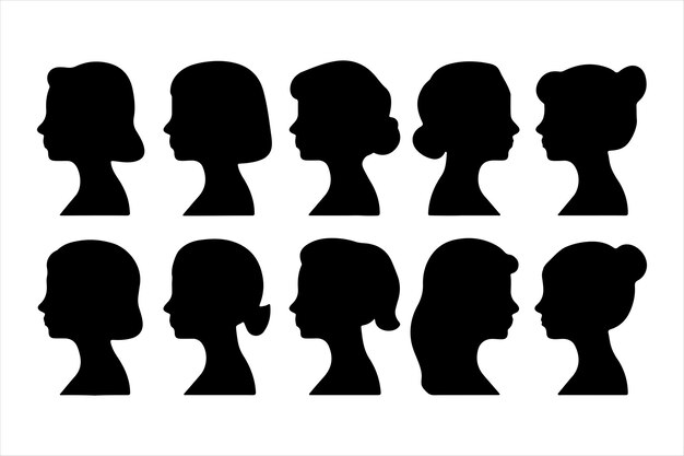 Vector beautiful female faces profile set silhouette vector file