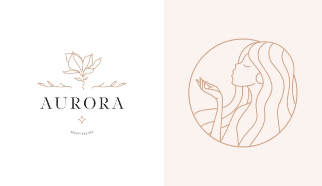 Beautiful female figure modern feminine art esoteric logo and brand elements template illustration in simple minimal linear style in nude color