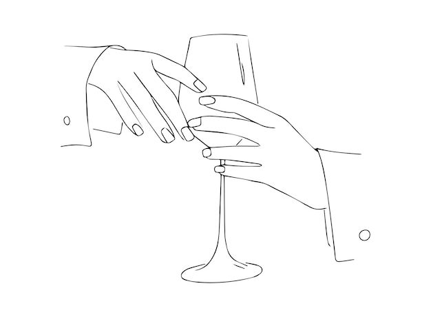 Belle mani femminili che tengono un bicchiere di vino illustrazione vettoriale in stile lineart