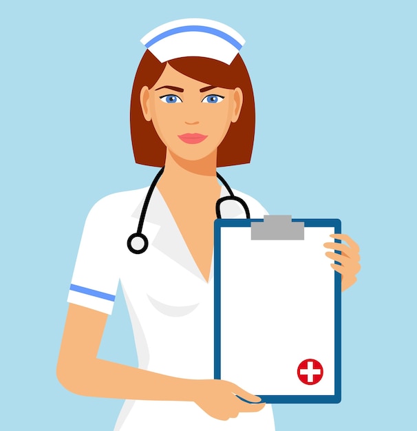 Beautiful female nurse is holding clipboard and showing document Portrait of young nurse or medic