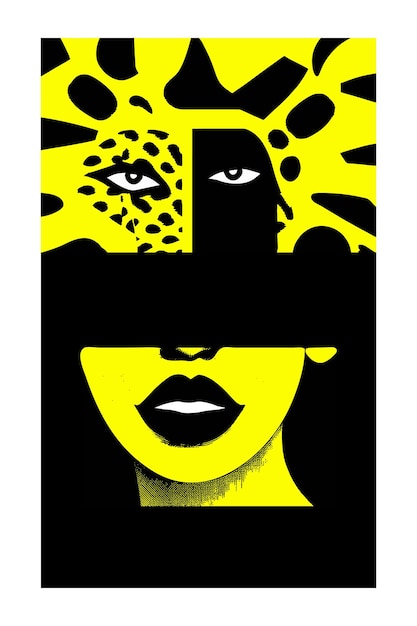 Bellissimo ritratto femminile illustrazione di moda ragazza nera pelle scura donna in stile vogue stampa leopardata aspetto africano sfondo giallo