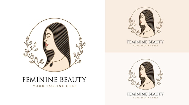 Bello logo femminile del viso e dei capelli della donna per il marchio di cura della pelle della spa del salone di bellezza