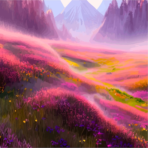 Вектор Красивое поле тюльпанов, растущее на склоне гор и неба иллюстрация абстрактное поле