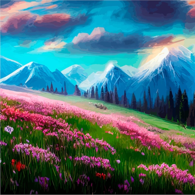 Vettore bellissimo campo di tulipani che crescono sul pendio delle montagne e illustrazione del cielo campo astratto
