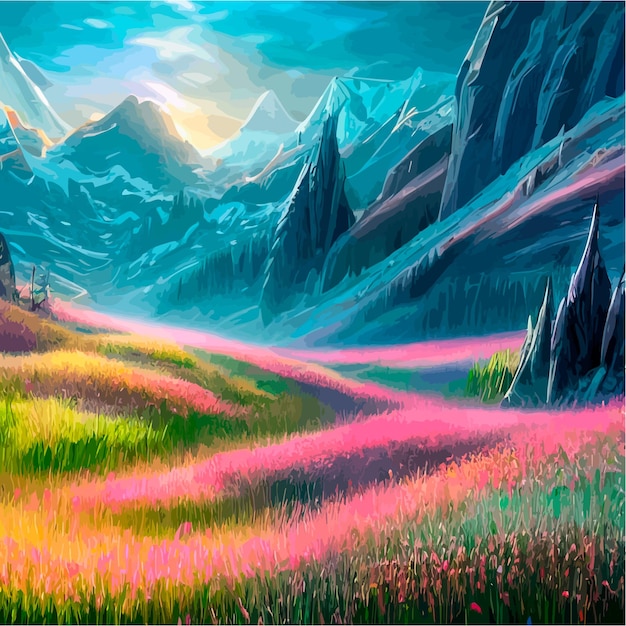 Vector beautiful field of tulips growing on the slope mountains and sky illustration abstract field