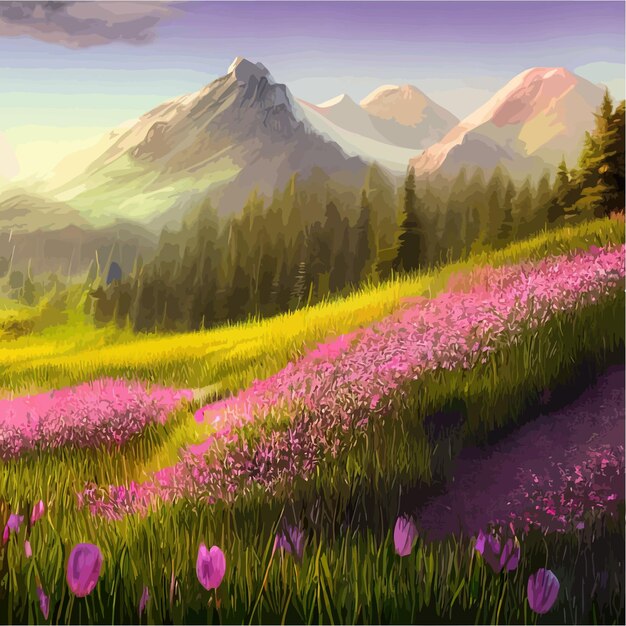 Beautiful field of tulips growing on the slope mountains and sky illustration abstract field