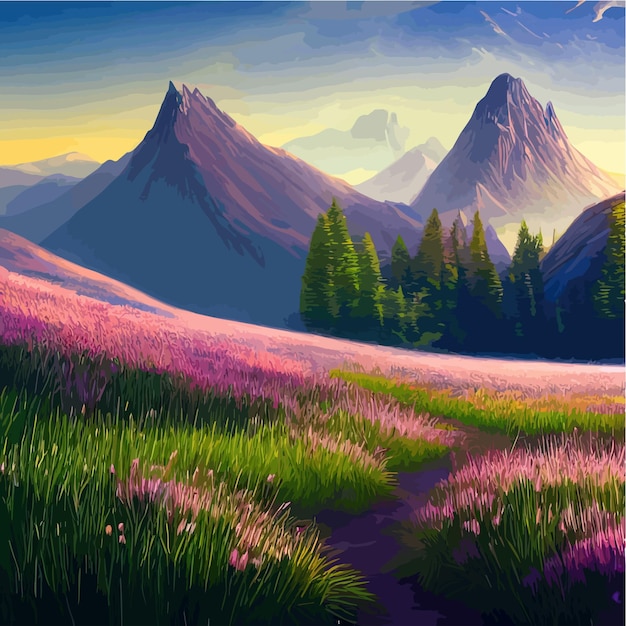 Vector beautiful field of tulips growing on the slope mountains and sky illustration abstract field