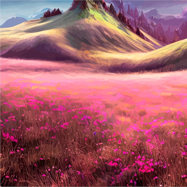 Vector beautiful field of tulips growing on the slope mountains and sky illustration abstract field