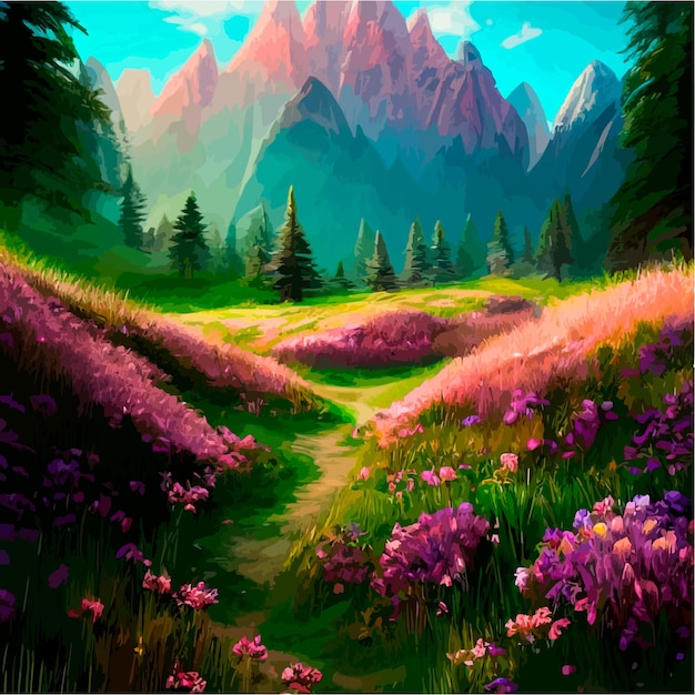 Vector beautiful field of tulips growing on the slope mountains and sky illustration abstract field