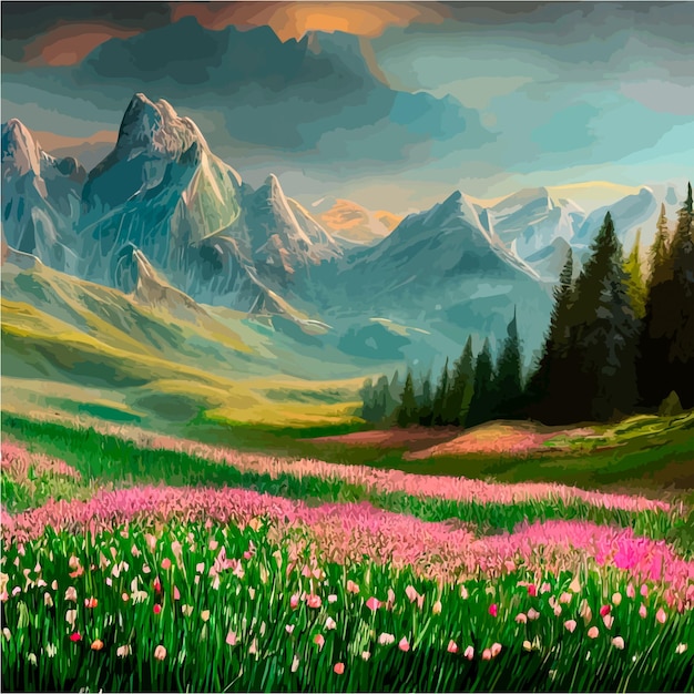 Vector beautiful field of tulips growing on the slope mountains and sky illustration abstract field