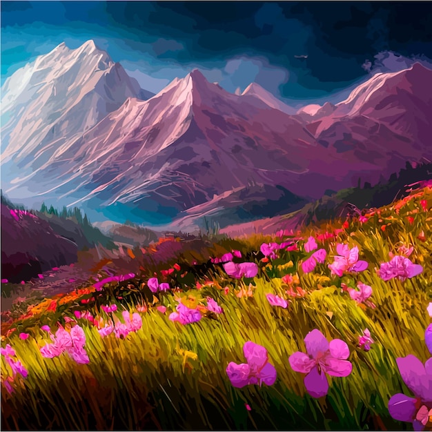 Vector beautiful field of tulips growing on the slope mountains and sky illustration abstract field