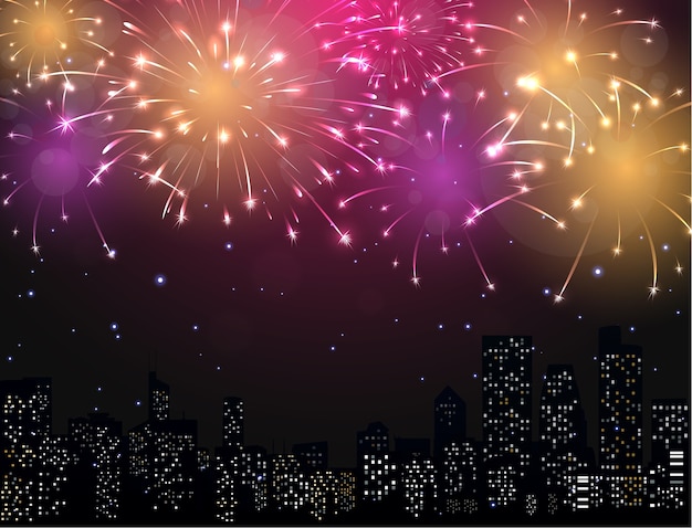 Vector beautiful fireworks display with city skyline