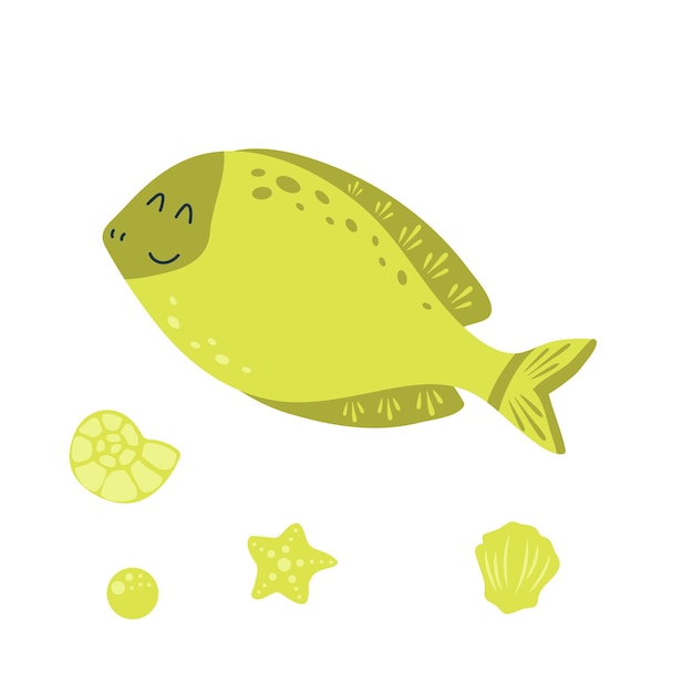 Beautiful fish with a cute smile. Cartoon marine character.