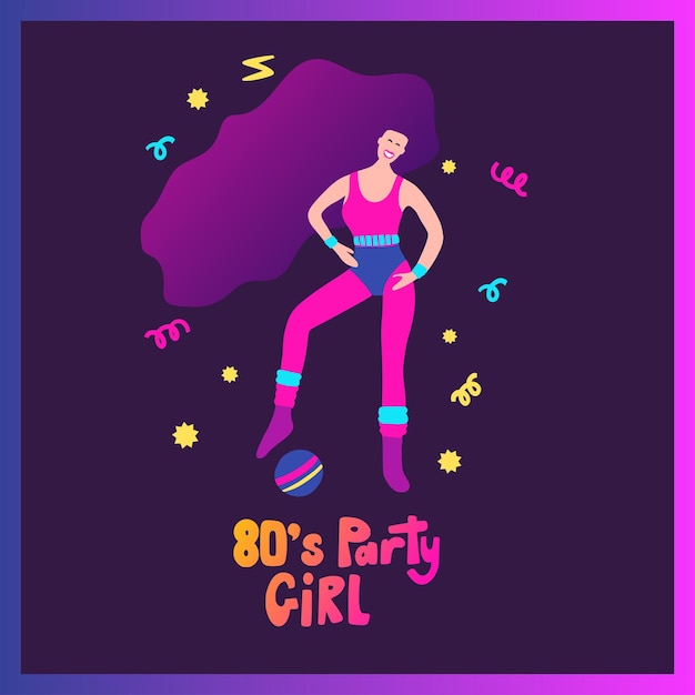 Vector beautiful fitness girl aerobic exercise funky poster lifestyle 80s isolated colorful drawing