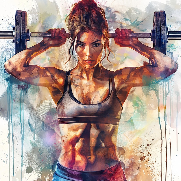 A beautiful fitness woman doing body sculpting barbell illustration style