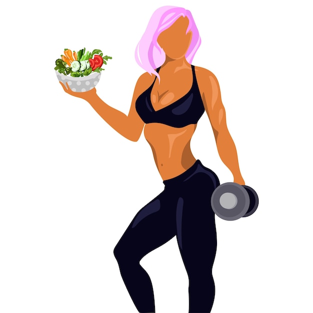 Вектор Красивая фитнес-женщина с гантелями и тарелкой свежего салата, векторная иллюстрация