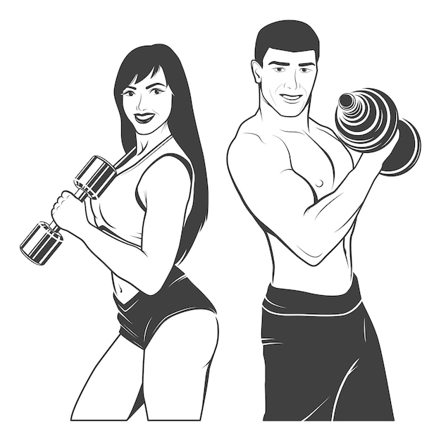 Vector beautiful fitness young sporty couple with dumbbells. monochrome