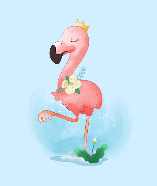 Beautiful flamingo in watercolor swamp