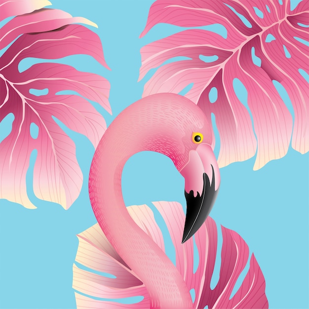 Vettore bella flamingo con sfondo di foglie tropicali per l'estate