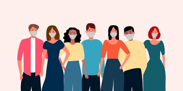 beautiful flat illustration with cartoon young men women quarantine masks vector design