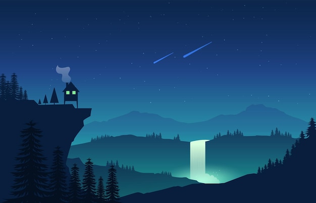 Beautiful flat landscape of mountains and waterfall at night and a house at top hill