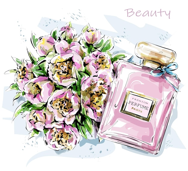 Vector beautiful flat perfume and flowers