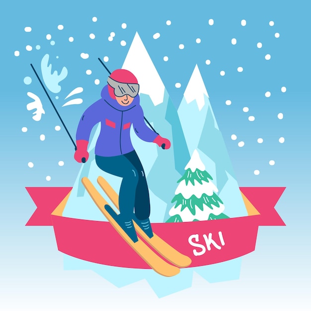 Beautiful flat vector illustration winter sport activites skiing