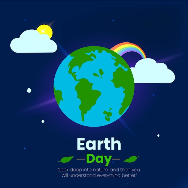 Beautiful flat World Earth day vector illustration World map in globe blue sky background with clouds and rainbow Save environment