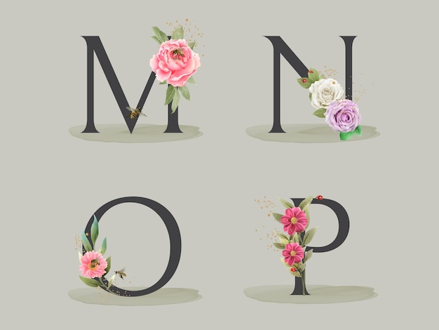 Bellissimo set di alfabeto floreale con fiori e foglie disegnati a mano
