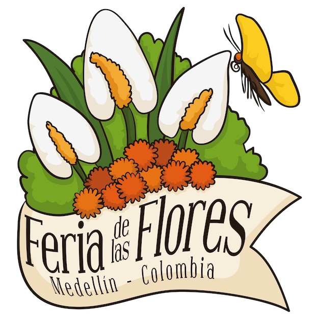 スペイン語で書かれたコロンビア花祭りのリボンの後ろに美しいフラワーアレンジメント