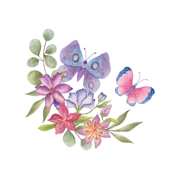 飛んでいる蝶と美しい花の花束の装飾