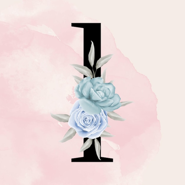 beautiful floral decorated watercolor number 1 with watercolor botanical typography