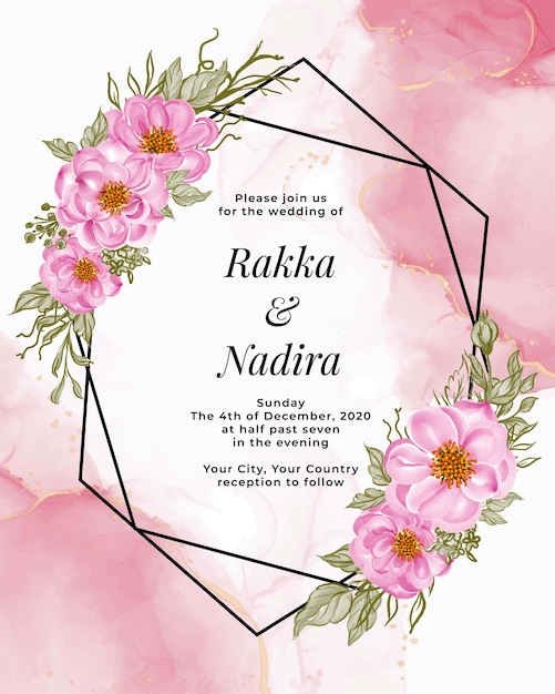 エレガントなベビーローズピンクの美しい花柄フレーム。結婚式招待状
