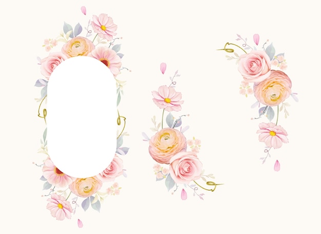 Beautiful floral frame with watercolor pink roses and ranunculus flower