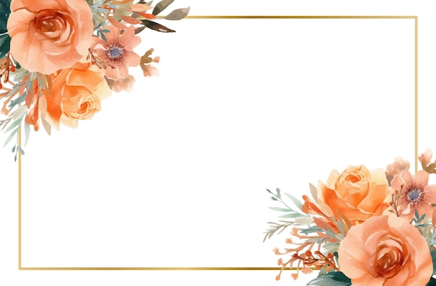 Vector beautiful floral golden frame background with soft watercolor flowers