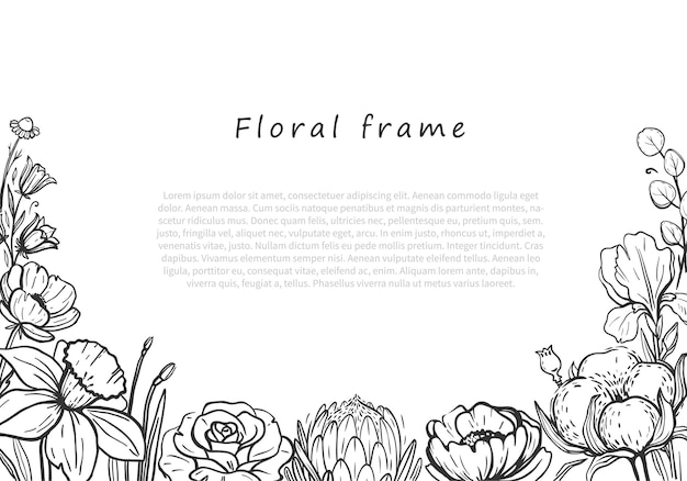 Bella cornice floreale orizzontale cornice floreale vettoriale con illustrazioni lineari di fiori neri
