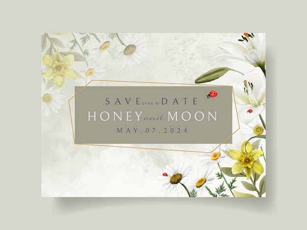 美しい花とてんとう虫の結婚式の招待カード