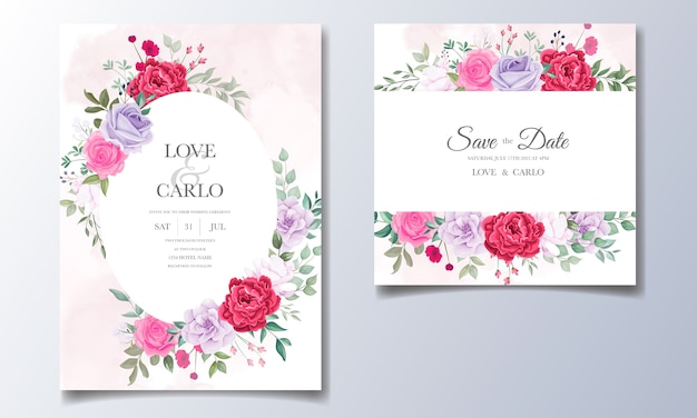 美しい花と葉の結婚式の招待カード