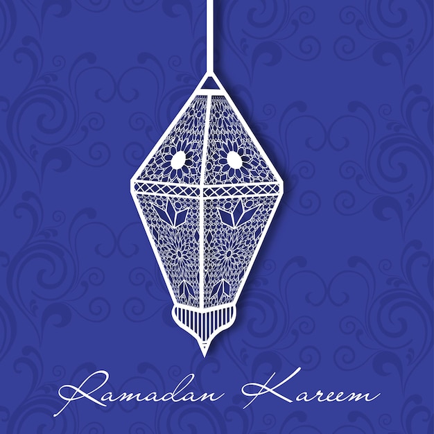 Vector beautiful floral moroccan paper lanterns hanging on violet background for islamic festival of ramadan kareem greeting card design