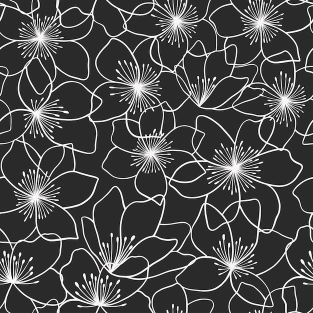 Beautiful floral seamless pattern design in hand-drawn style. Linear  flowers repeat texture.